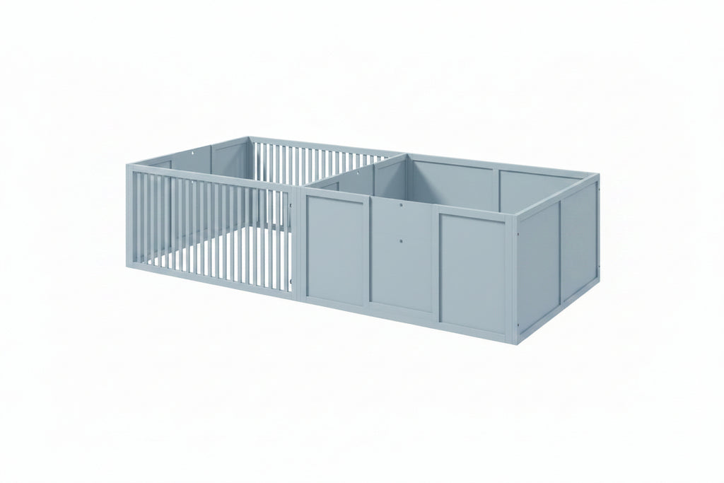 Gray metal playpen on a white background
