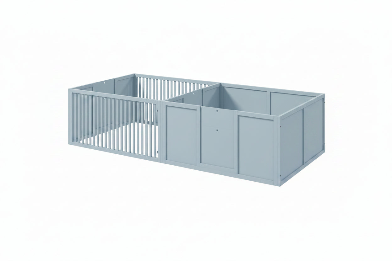 Gray metal playpen on a white background