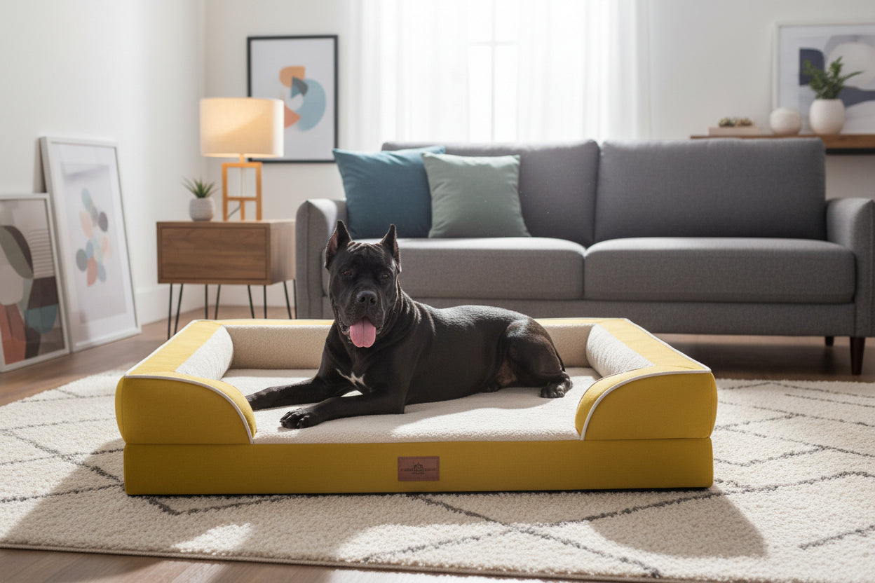 Black dog lying on a yellow pet bed with a white background